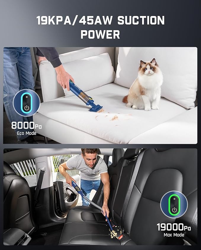 Fanttik Slim V8 APEX Car Vacuum, 4-in-1 Portable Mini Cordless Vacuum with 19000pa Suction Power, Type-C Charge, 2 Suction Modes, Handheld Vacuum for Small Jobs, Car, Office Desk, Keyboards (Blue)