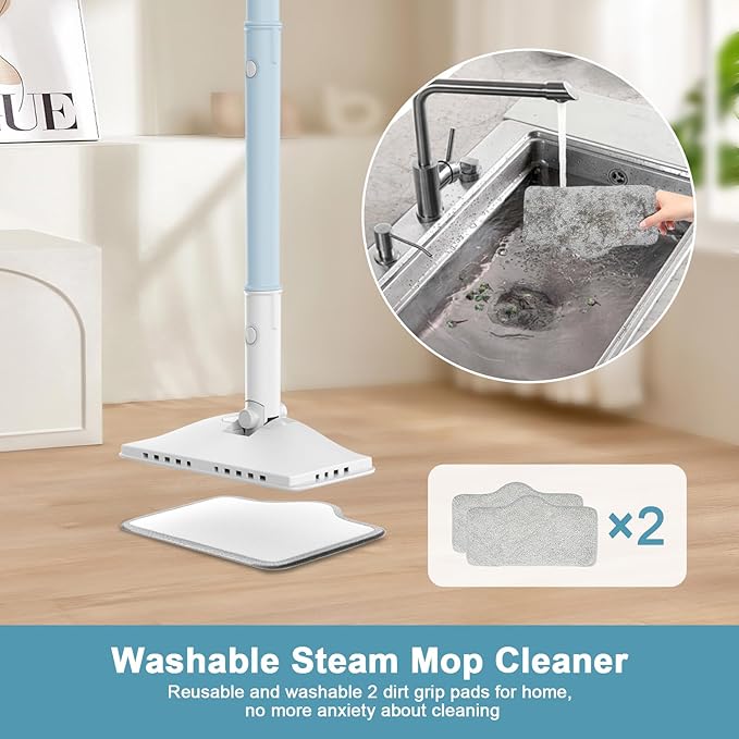 7-in-1 Steam Mop, 1200W Rotated Steam Cleaner for Home, 2 Modes, 400ML Removable Tank, 23FT Power Cord, 2 Pads, Multi-Surface Steamer for Hard Floor, Laminate Floor, Tiles Cleaning（Lake Blue）