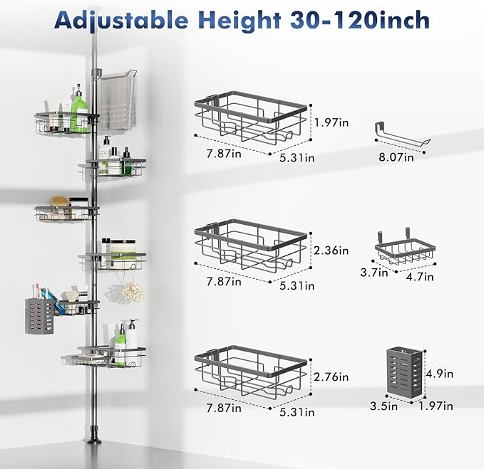 Corner Shower Caddy Tension Pole,30-120 Inch Adjustable Shower Organizer, 6-Tier Shower Shelves with Towel Rack/Toothbrush Holder/Soap Dish, Bathroom Corner Storage Rust-Resistant