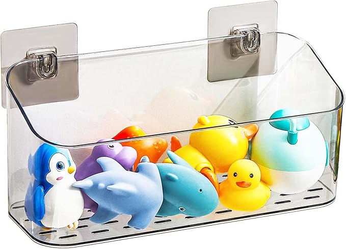 Bath Toy Storage 1 Pack, Large Bath Toy Holder, Quick Dry Bathtub Toys Organizer, Shower Caddy Shower Organizer for Bathroom Storage, No Drill Shelves Basket, Drainable, Clear Black
