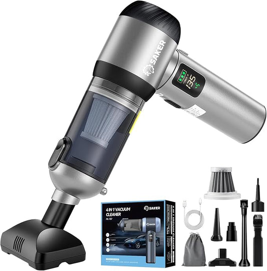 Saker Car Vacuum Portable Cordless 20000Pa Suction Power 4 in 1 Handheld Vacuum&Air Duster with LED Light Type-C Charge Portable Mini Vacuums for Car, Home, Office, Pet HL157 Silver