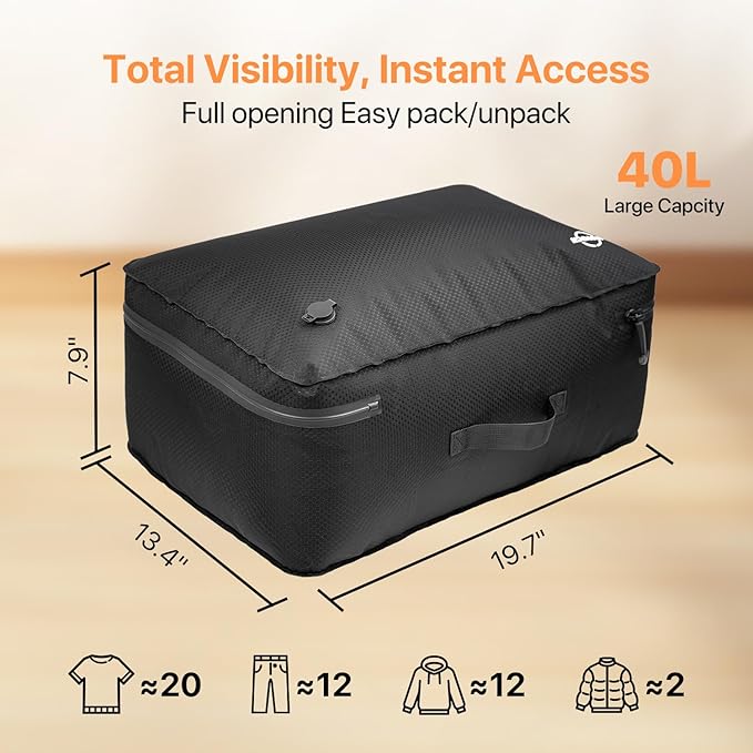 Vacuum Storage Bags with Wireless Pump 35L, 180° Open Zipper, IP68 Waterproof, Reusable Vacuum Bags for Travel, Fits 20/24/28in Suitcase, Backpack, Cloth Packing (2PC + Pump)