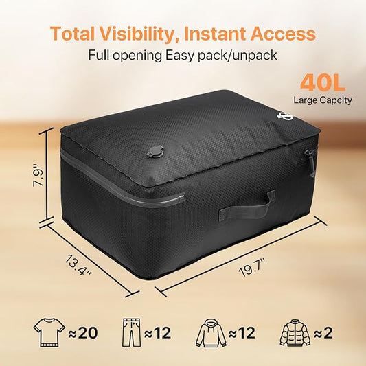 Vacuum Storage Bags with Wireless Pump 35L, 180° Open Zipper, IP68 Waterproof, Reusable Vacuum Bags for Travel, Fits 20/24/28in Suitcase, Backpack, Cloth Packing (2PC + Pump)