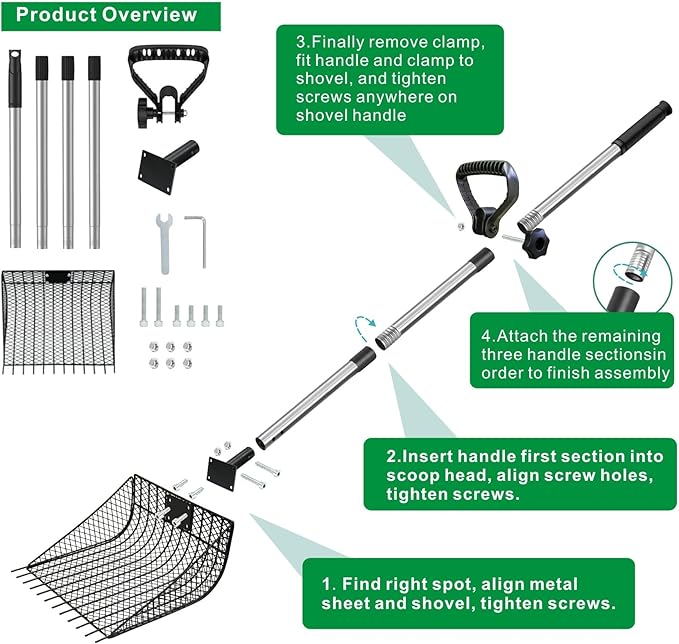 Chicken Poop Scooper & Rake 2-in-1, Otunrues Pooper Scoopers 25" to 67" Large Metal Stainless Steel Chicken Litter Scoop with Handle for Farm Pet Waste Cleaning Sifting Litter Shovel