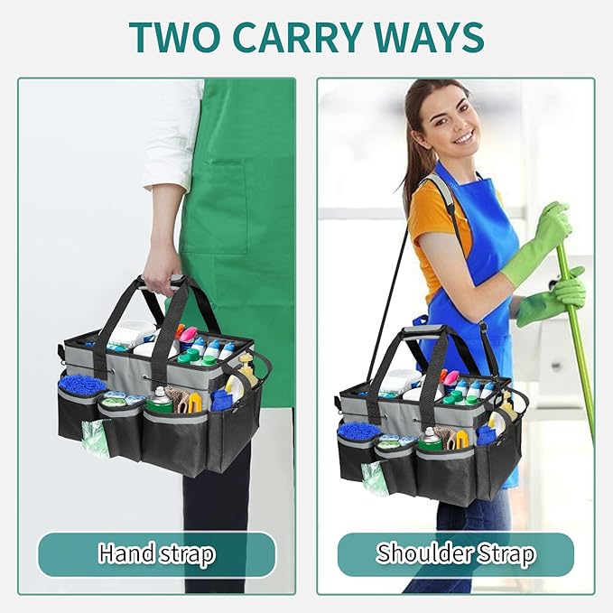 Cleaning Bags for Housekeepers, Large Cleaning Supplies Organizer with Handles & Shoulder Strap, Cleaning Caddy Bag with Foldable Divider for Cleaners, Car Horse Cleaning Bag(Grey)
