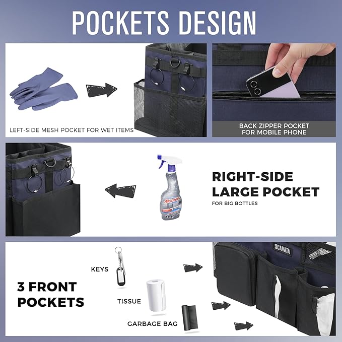 Wearable Cleaning Caddy Bag, Cleaning Caddy Supplies Organizer with Handle & Shoulder Straps for Housekeepers, Under Sink & Car Cleaning Tool Organizers with 4 Foldable Divider Navy (DarkBlue)