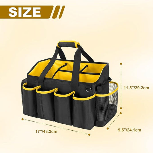 Large Cleaning Caddy Bag with Handle, Cleaning Supplies Totes for Cleaners Housekeepers, Cleaning Tool Organizer with Multiple Pockets for Car, Home and Housekeeping, Bright Yellow Inner, Black