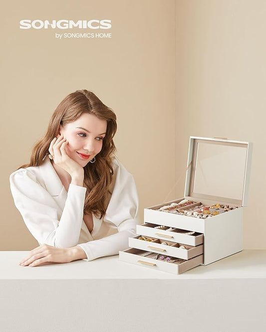 SONGMICS GISELLA Collection - Jewelry Box Organizer, 4-Layer Jewelry Storage with 3 Drawers, Shiny Metal Hardware, Glass Lid, Modern, 8 x 9.1 x 6.5 Inches, Cloud White and Gold Color UJBC173W01