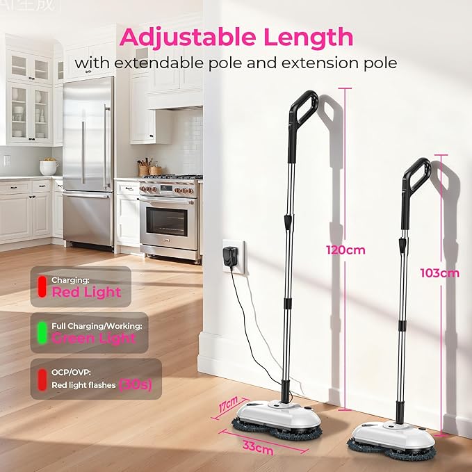ScrubWiz Cordless Electric Spin Mop with Water Sprayer, Self-Propelled Floor Cleaner for Hardwood & Tile, Quiet Cleaning, Adjustable Handle, 2500mAh Long-Lasting Battery, 300ml Tank, Snow White