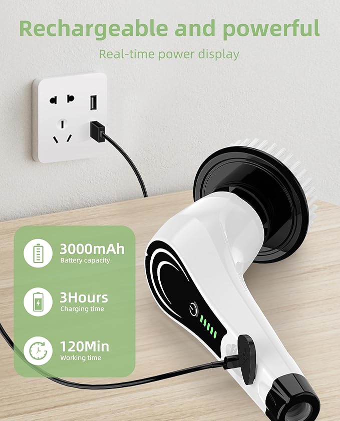 Electric Spin Scrubber, Cordless Power Scrubber with 8 Replaceable Brushs, 2-Speed Adjustable Handle Shower Scrubber, IPX7 Waterproof Cleaning Brush for Bathroom, Tile, Tub, Teens, White-qe1