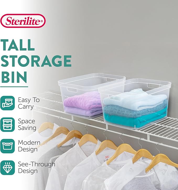Sterilite 8.25x12.25x15 Inch Modern Polished Storage Bin w/Comfortable Carry Through Handles & Banded Rim for Household Organization, Clear (24 Pack)