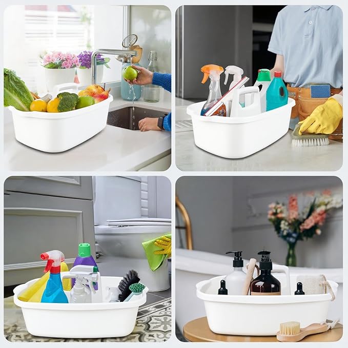 Cleaning Supplies Caddy with Handle, Portable Shower Caddy Organizer Plastic Basket with Handle, Stackable Tool Storage for Bathroom, Garden, Kitchen, Home Organization, White