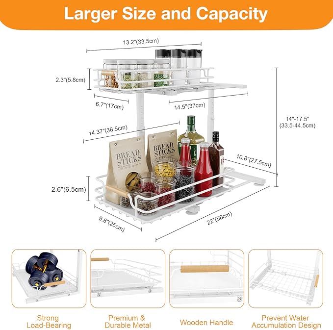 JYPS 2 Pack Under Sink Organizer, 2 Tier Pull out Under Kitchen Bathroom Sink Organizer and Storage, Metal Sliding Drawer for Cabinet Pantry Undersink Organizers Shelf