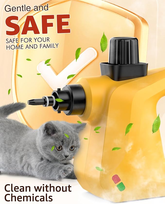 Steam Cleaner, DynVapor Pressurized Deep Cleaning Handheld Steam Cleaner for Home, Multi-Purpose Natural Steamer with 9 PCS Accessories for Kitchen, Car, Furniture, Bathroom, Floor, Grout&Tile(Yellow)