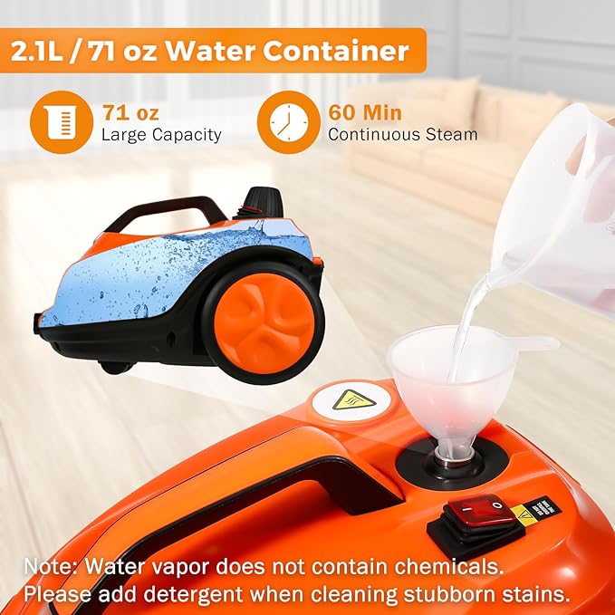 BEAMNOVA Steam Cleaner Electric Household Steamer High Pressure Multipurpose Cleaning Machine Heavy Duty Rolling for Floor Carpet Car Detailing Windows Home, Inside Water Container with Roller, Orange