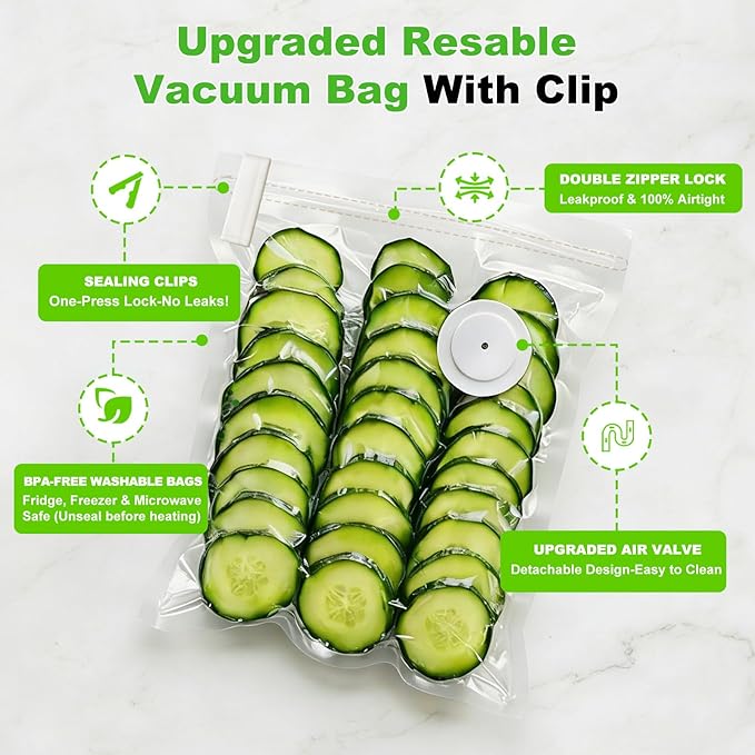 Vacuum Sealer For Food and Vacuum Sealer Bags Large（11.8×13.4in), 40 Reusable Vacuum Sealer Bags for Food and 2 Seal Clips for 10X Preservation & Fresh (Not Contain Vacuum Sealer)-Large Bags