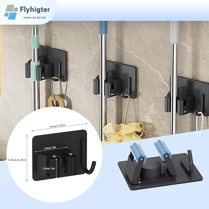 5 Pack Heavy Duty Mop and Broom Holder Wall Mount, No Drill Self Adhesive Stainless Steel Hanger with Hooks, Anti-Slip Tool Organizer for Bathroom, Kitchen, Garage, Laundry Room (5, Black)