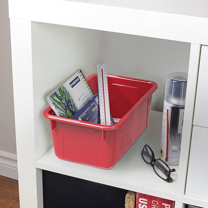 Storex Small Cubby Bins – Plastic Storage Containers for Classroom with Non-Snap Lid, 12.2 x 7.8 x 5.1 inches, Red, (62407U05C) (Pack of 5)