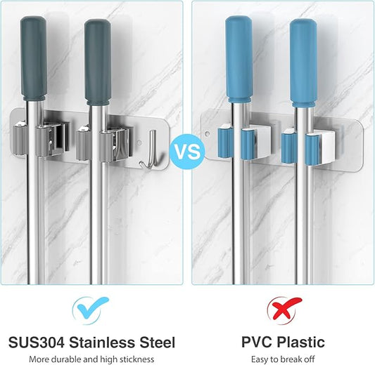 Wall Mount Mop and Broom Holder, Heavy Duty Stainless Steel Organizer Rack with Hooks | 2-Pack, 2-in-1 No Drill & Screw Installation, Silver