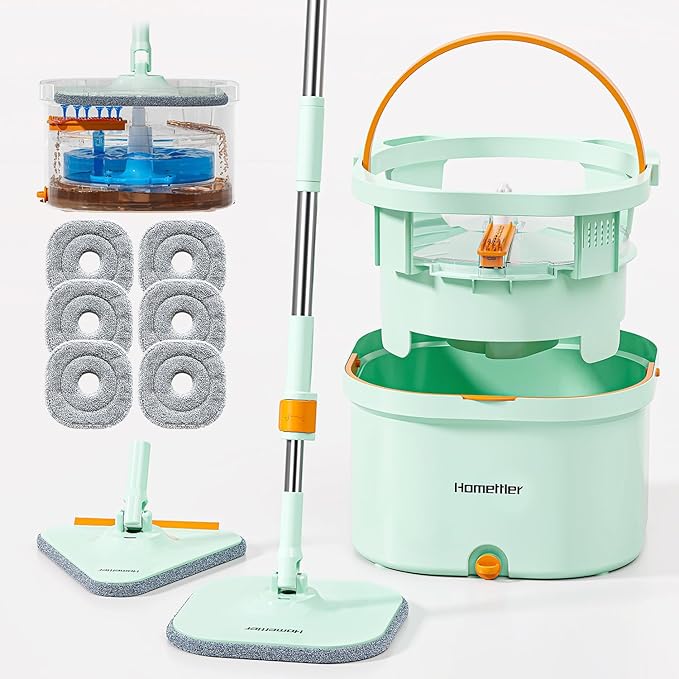 Mop and Bucket Set | Spin Mop with Dual-Tank Clean/Dirty Water Separation | 6 Microfiber Pads for Deep-Cleaning Floors | Versatile Mops Triangular Head for Walls