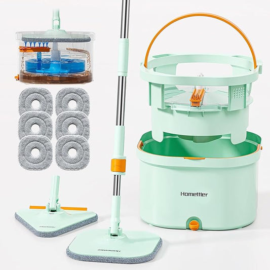 Mop and Bucket Set | Spin Mop with Dual-Tank Clean/Dirty Water Separation | 6 Microfiber Pads for Deep-Cleaning Floors | Versatile Mops Triangular Head for Walls