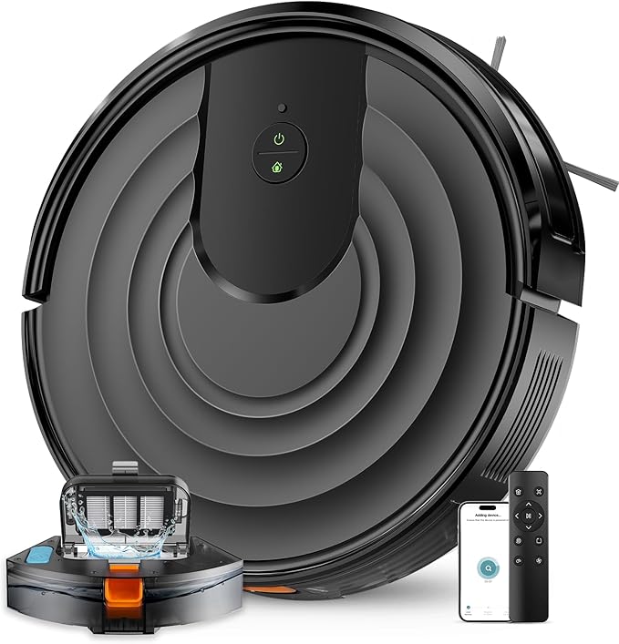 Robot Vacuum and Mop Combo, Robotic Vacuum Cleaner 5000Pa Strong Suction 130 Mins Runtime, Slim, Low Noise, Automatic Self-Charging, Wi-Fi/App/Alexa Control, Ideal for Hard Floor/Low-Pile Carpet
