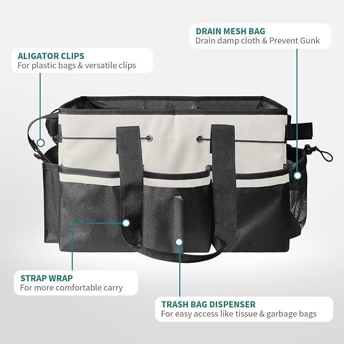 Cleaning Bags for Housekeepers, Large Cleaning Supplies Organizer with Handles & Shoulder Strap, Cleaning Caddy Bag with Foldable Divider for Cleaners, Car Horse Cleaning Bag(White)