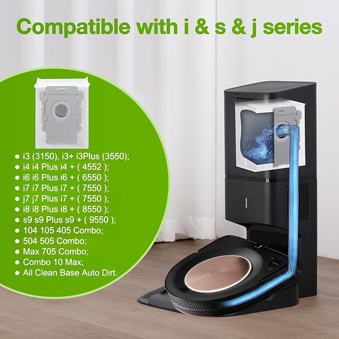 16 Pack Vacuum Bags for iRobot Roomba, Effective Dust Filtration, Compatible with i3+ i4+ i5+ i6+ j6+ i7+ j7+ i8+ J8+ J9+ s9+ 104 105 405 505 705 Combo & All Clean Base Auto Dirt Disposal bag