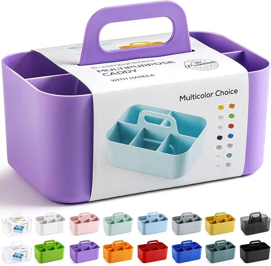 Multiuse Caddy Organizer with Handle, Stackable Plastic Tote Bin - Art Craft Supplies, Office, Desk, Stationery Pen Holder, Kitchen, Utensil, Makeup, Bathroom, Shower, Cleaning, Dorm Organizer, Purple