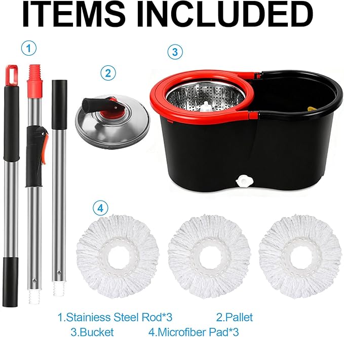 Spin Mop and Bucket with Wringer Set, 360°Rotating Head Mop Bucket System, 3 Replacement Mop Heads for Floor Cleaning (Black & Red) (Three mop Heads)