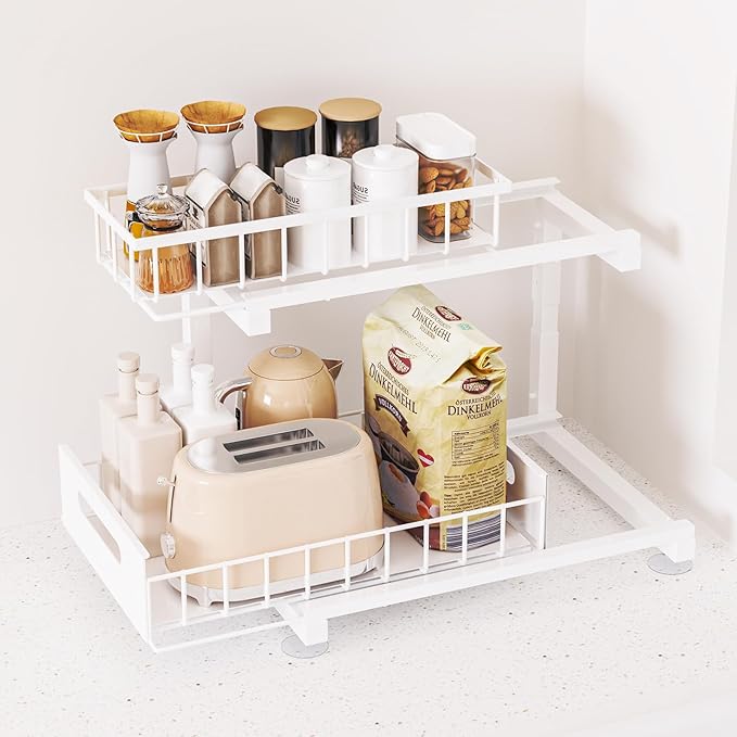 Under Sink Organizer, Heavy Duty Metal Pull Out Cabinet Organizer Slide Out Sink Shelf Organizer Height Adjustable, Multi-Purpose Storage Shelf for Kitchen Bathroom (White,1Pack)