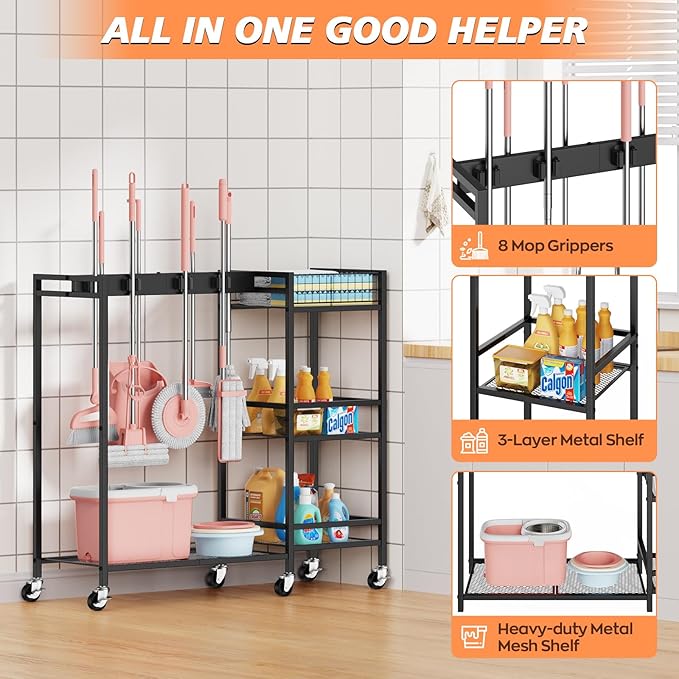 Broom and Mop Holder, Broom Closet Storage Cabinet with Cleaning Supplies Organizer, 2-in-1 Broom Mop and Cleaning Supplies Storage Cleaning Cart, Cleaning Cart with Wheels for Housekeeping