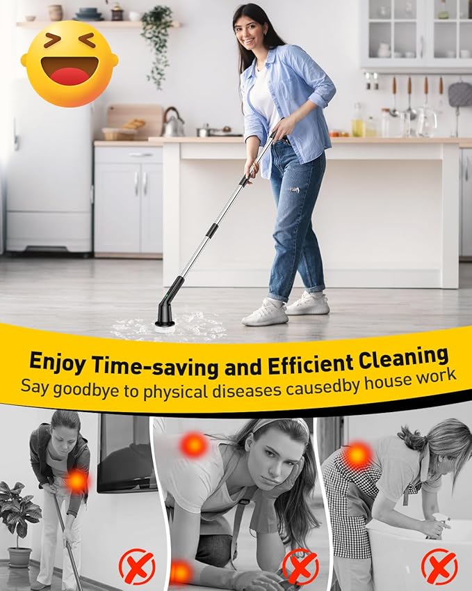 Electric Spin Scrubber for Cleaning Bathroom, Shower Scrubber Cordless Cleaning Brush with IPX7 Waterproof & 2 Speed, 3 Brush Heads, Bathroom Cleaning Supplies for Toilet Shower Tub Black