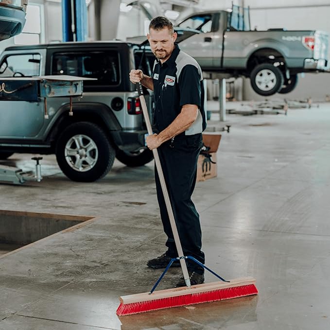 24" Everyday Sweep Indoor/Outdoor Push Broom with 60" Handle. Ideal for Garages & Shops. Durable American Made Steel Brackets-All Stainless Steel Hardware. No Plastic. 100% Made in The USA.