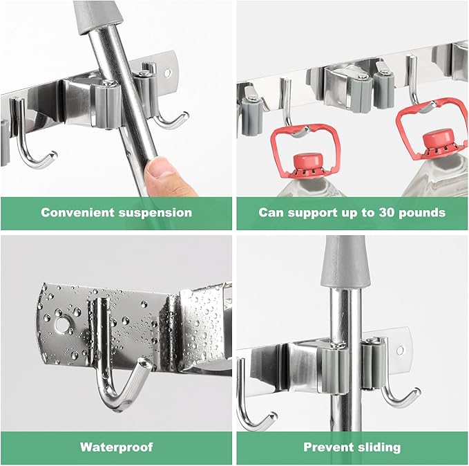 1Pcs 3 Racks 4 Hooks Stainless Steel Broom Mop Holder Anti Slip Wall Mount Broom Storage Rack Strong Load Bearing Waterproof Mop Organizer for Bathroom Kitchen Garage