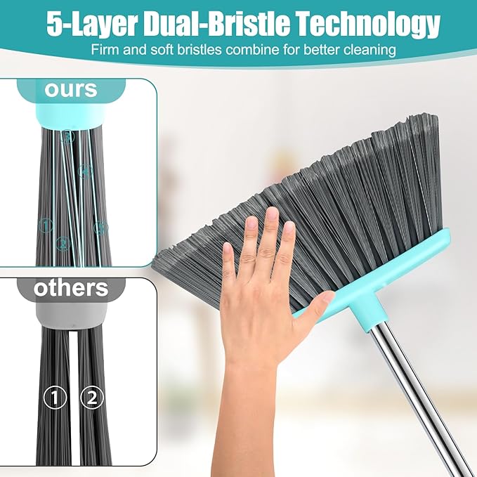 Upgrade Broom and Dustpan Set, Silicone Broom,Long Handle Broom with Upright Standing Dustpan, Squeegee - Broom for Indoor Cleaning 2+1,for Indoor Outdoor,Smooth Floors, Rugs (Green-Grey)