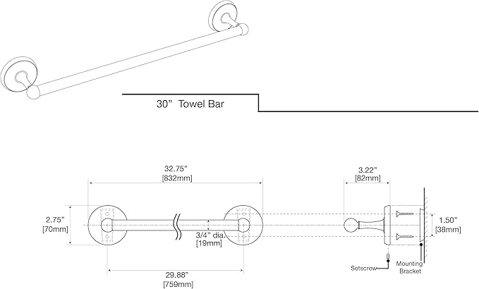 Gatco 5078 Designer II 30" Towel Bar Chrome/Wall Mounted Single Towel Holder