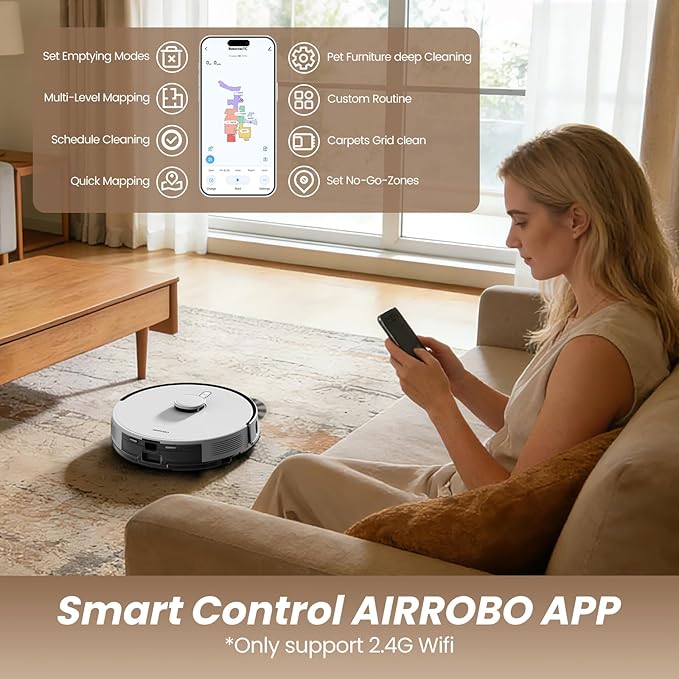 AIRROBO T30+ Robot Vacuum and Mop, 75-Day Self-Emptying, 12,000Pa Suction, Active Intelligent Obstacle Avoidance, Tangle-Free Brush, Carpet Avoidance, LiDAR Navigation, Smart Mapping, White
