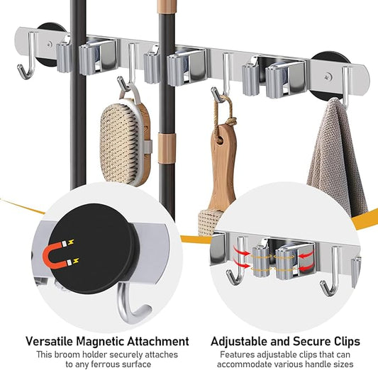 KIBBEH Heavy-Duty Magnetic Storage Rack for Brooms and Mops, Wall-Mounted Non-Slip Holder, Strong Magnetic Hooks for Hanging Tools