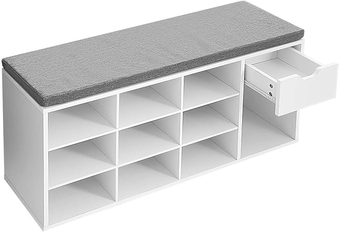VASAGLE CUSTOS Collection - Storage Bench, Entryway Bench with Cushion, Drawer and Open Compartments, Bench with Storage, Living Room, Bedroom, Closet, White and Gray ULHS24WT