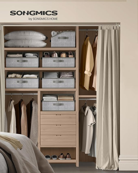 SONGMICS Set of 6 Storage Baskets, Foldable Storage Bins with Removable Dividers, Fabric Boxes, 15.7 x 11.8 x 7.9 Inches, Closet Organizers, 3 Handles, for Living Room, Cattail Gray URFB0140G01