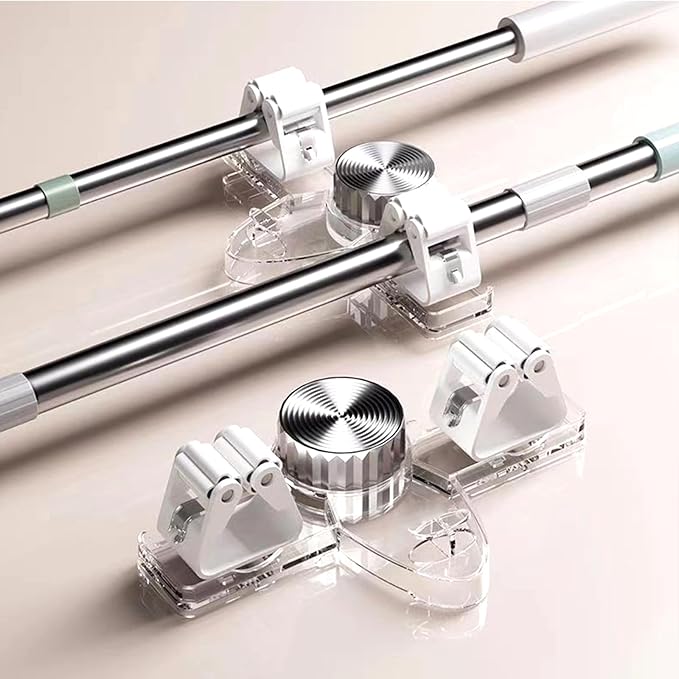 6 Pack Broom Holder Wall Mount Mop Hanger, No Drill Suction Cup Mop Broom Organizer with Hooks, Space Saving Rack Removable Mop Clip for Kitchen, Garage, Bathroom, Laundry Room