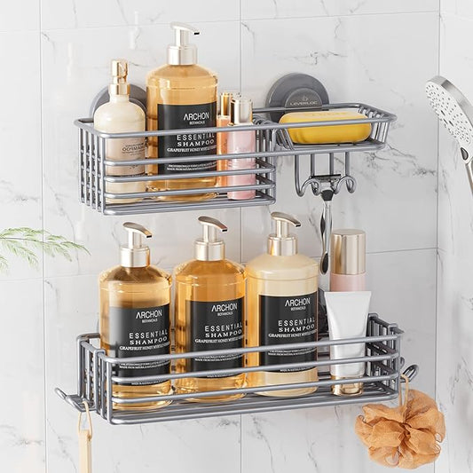 LEVERLOC Shower Caddy Suction Cup, 2 Pack Shelves for Inside with Hooks and Soap organizer, NO-Drilling Bathroom shelves, Rustproof Meatl Bathroom Holder, Grey