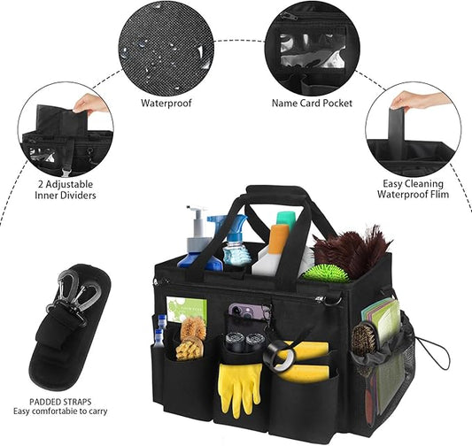 Large Cleaning Caddy Tote with Removable Divider, Heavy-Duty Wearable Apron Organizer with Pockets for Housekeeping, Cleaning Supplies, Tools (Black)