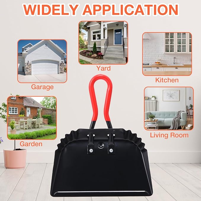 Uiifan 4 Pcs Industrial Metal Dustpans 12" Heavy Duty Dust Pan with Handle Commercial Dustpan Wide Scooper Dust and Debris Sweeping Tool Precision Edge Rubber Grip Loop Handle (Black)