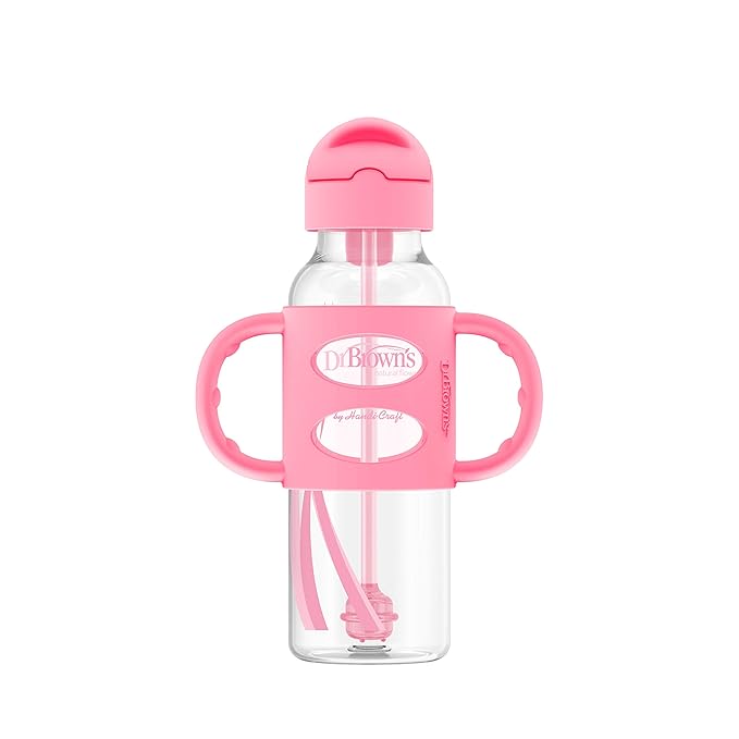 Dr. Brown's Milestones Narrow Sippy Straw Bottle, Spill-Proof with 100% Silicone Handles and Weighted Straw, 8 oz/250 mL, Gray/Pink, 6m+