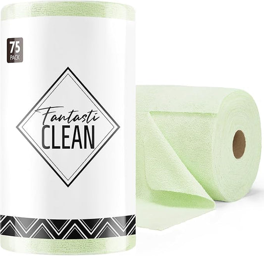 Fantasticlean Microfiber Cleaning Cloth Roll -75 Pack, Tear Away Microfiber Towels, 12" x 12", Reusable, Washable, Scratch Free, Ultra Absorbent Dishcloth for All-Around Cleaning Supplies (Green)