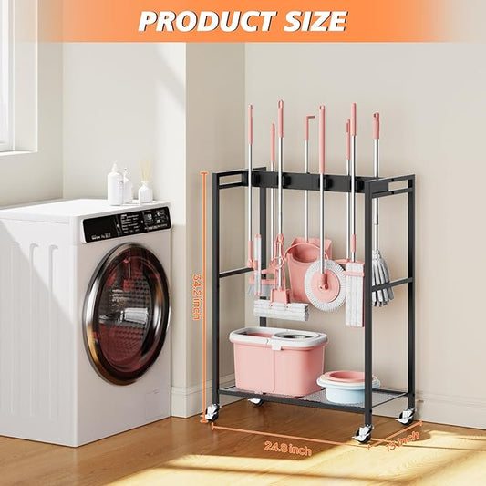 Broom and Mop Holder, Broom Closet Storage Cabinet, Cleaning Cart with Broom and Mop Hanger, Janitorial Cart with Wheels for Household, Laundry Room Organization