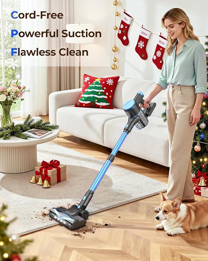 N8 Cordless Vacuum Cleaner, Lightweight Stick Vacuum with Powerful Suction,2200mAh Battery, 40 Mins Runtime, Self-Standing,Rechargeable Vacuum Cleaners for Home Hardwood Floor Carpet Pet Hair (Azure)