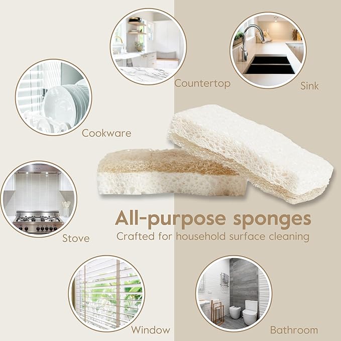 Grove Co. Sponges, Natural Coconut Scrubber Kitchen Sponge, Dual-Sided, Non-Scratch, Super Absorbent Plant-Based Cellulose with Coconut Husk Scourer, Household Cleaning Essentials, 6-Pack